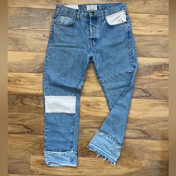 CURRENT/ELLIOTT CROPPED STRAIGHT LEG DISTRESSED PATCHES BLUE JEANS - Picture 1 of 8